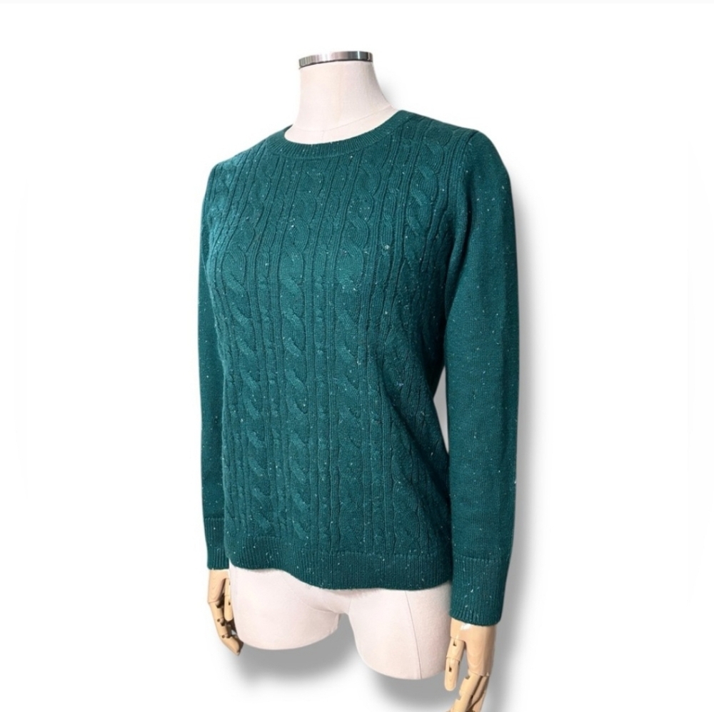 TALBOTS Speckled Green Crew Neck Cable Knit Pullover Sweater Size Medium Petite